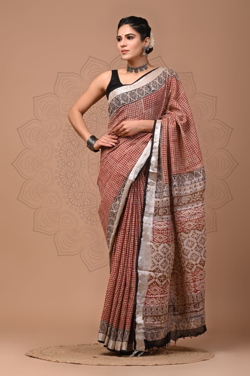 Hand Block Printed Linen Saree with Blouse